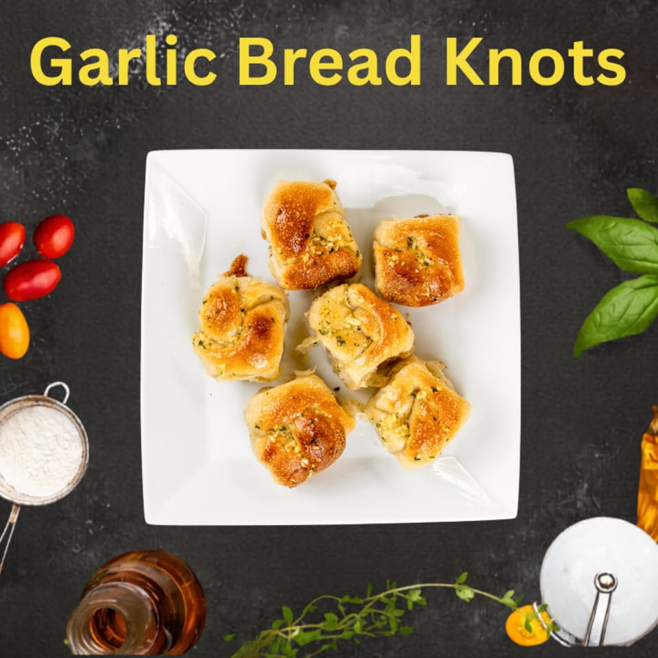 Six golden garlic bread knots arranged on a white plate over a dark tabletop, surrounded by tomatoes, basil, dipping sauce, and garnishes.