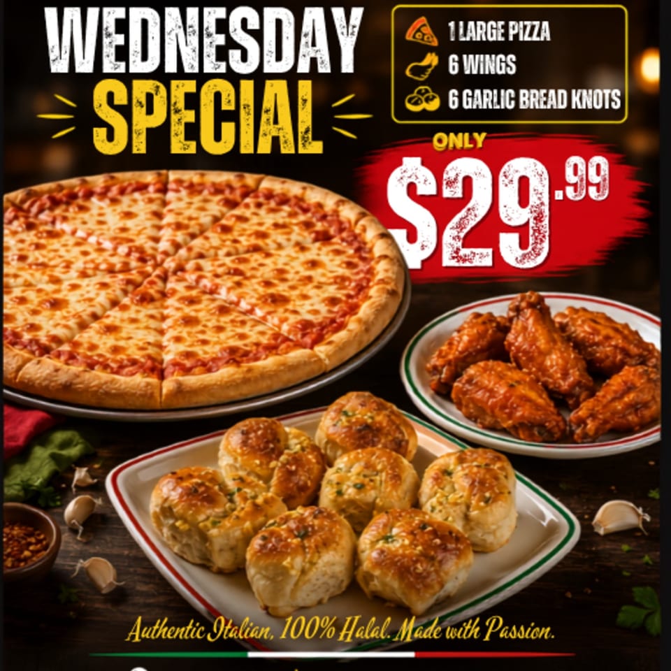 Wednesday special featuring a large cheese pizza, six saucy wings, and six garlic bread knots for $29.99.