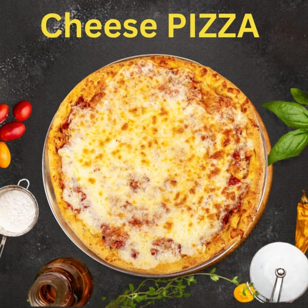 Cheese pizza with a golden crust and melted browned cheese on a metal tray, surrounded by tomatoes, basil, herbs, and condiments.