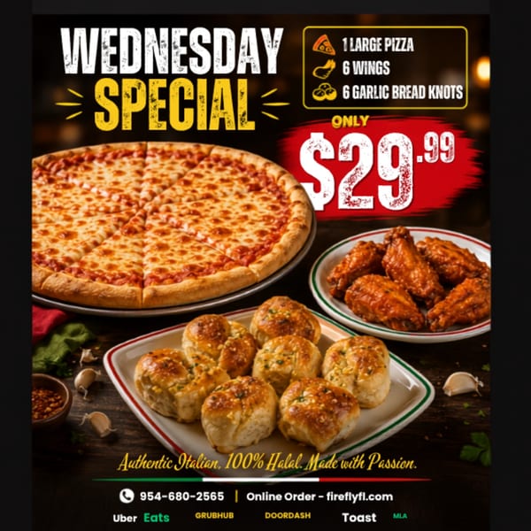 Promotional graphic featuring a cheese pizza, chicken wings, garlic bread knots, and a Wednesday special for $29.99.