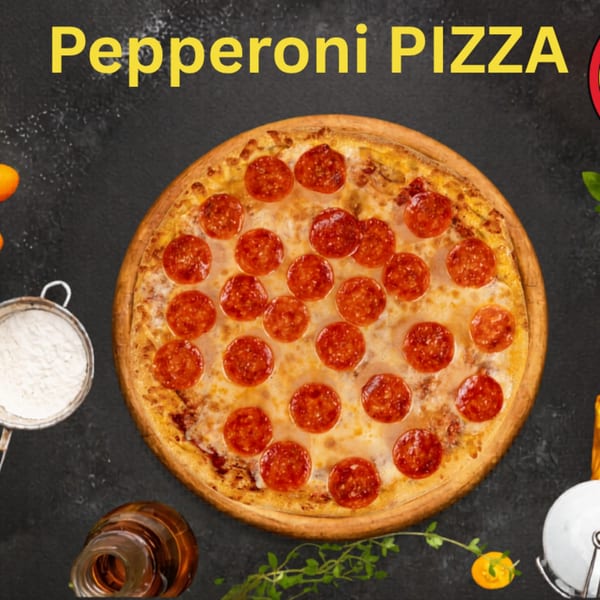 Pepperoni pizza with melted cheese on a wooden board, surrounded by flour, herbs, tomatoes, and kitchen utensils.