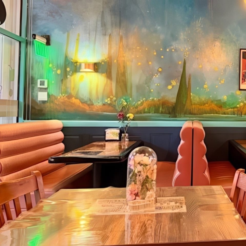 Restaurant interior with orange booths, wooden tables, and a whimsical mural featuring trees and glowing lights.