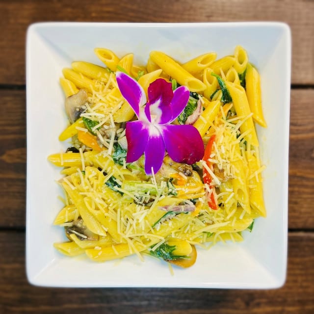 Vegetable Penne with Alfredo Sauce.