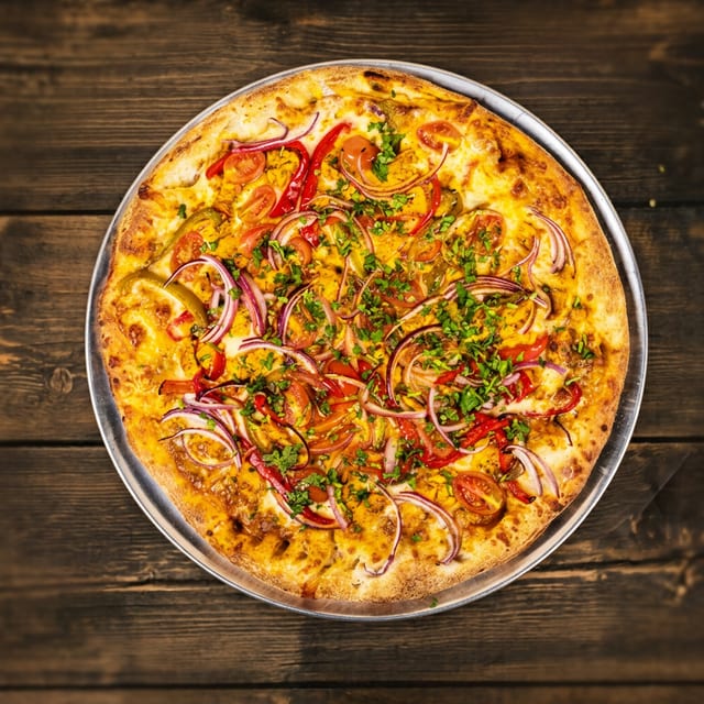 Large Butter Chicken Pizza.